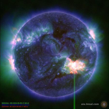 　Ｘクラスの強い太陽フレアが発生した太陽。複数の波長で捉えた画像を合成した＝米国時間９日（ＮＡＳＡ／ＳＤＯ提供）