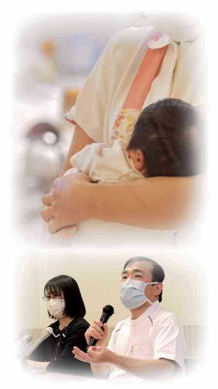 慈恵病院で生まれた赤ちゃん（写真上）。写真下は蓮田健院長（右）、蓮田真琴新生児相談室長（左）