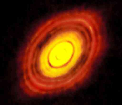 アルマ望遠鏡が撮影した、おうし座ＨＬ星。円盤状のちりの中で、惑星の形成が進んでいると考えられている　（Ｃ）ＡＬＭＡ（ＥＳＯ／ＮＡＯＪ／ＮＲＡＯ）