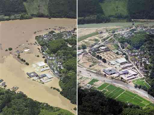 左が７月４日浸水した特別養護老人ホーム「千寿園」（中央手前）。右は水が引いた８月４日の同園。奥が球磨川、園の左下を流れるのが支流の「小川」＝球磨村渡