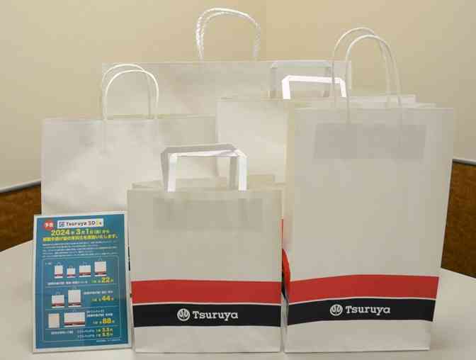 鶴屋百貨店が3月1日から有料化する紙の手提げ袋＝2日、熊本市中央区