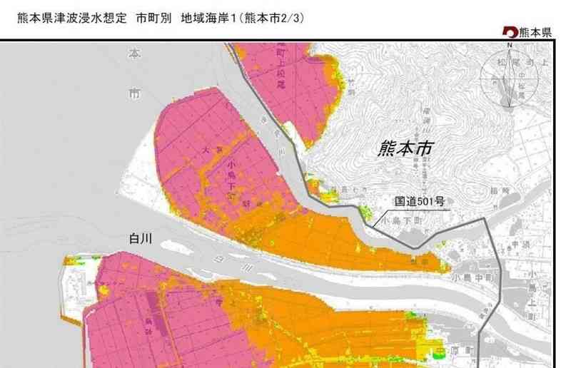 熊本県がホームページで公開している熊本市の津波浸水想定の一部。小島下町は、浸水深が2メートル以上5メートル未満を示すピンク色が目立つ（県提供）