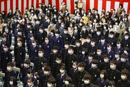 　マスク姿で卒業式に出席する大阪市立東中の卒業生ら＝２０２０年３月１３日（代表撮影）
