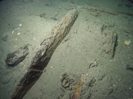 　長崎県松浦市の鷹島沖の海底から出土した、元寇の沈没船の一部とみられる構造物＝２０日（同市教育委員会提供）