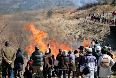 　山口県美祢市の秋吉台国定公園で行われた山焼きを見守る観光客ら＝１８日午前