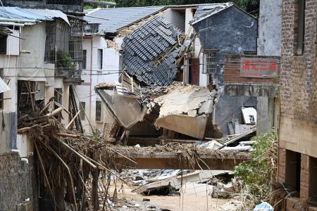 　大雨の影響で被害を受けた家屋＝２０日、中国広東省梅州市平遠県（ＣＮＳ＝共同）