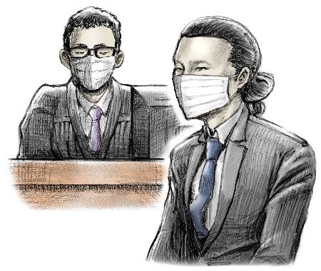 　死刑判決を言い渡された佐藤翔一被告（右）。左は辛島靖崇裁判長（大分合同新聞社提供）