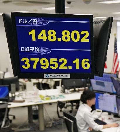 　一時１ドル＝１４８円台を付けた円相場と、３万８０００円を下回った日経平均株価を示すモニター＝１日午前、東京都港区の外為どっとコム