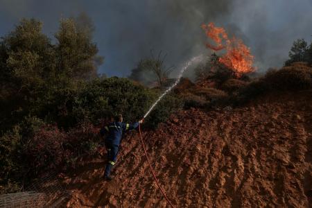 　ギリシャの首都アテネ近郊で、山火事の消火に当たる消防士＝１２日（ロイター＝共同）