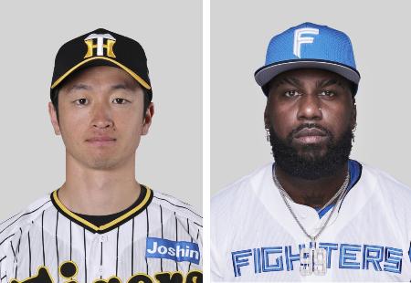 　阪神の近本光司外野手（左）、日本ハムのレイエス外野手