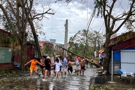 　台風１１号による倒木をロープを使って撤去する人たち＝８日、ベトナム・ハイフォン（ロイター＝共同）