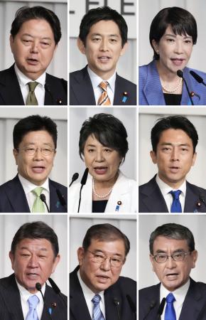 　自民党総裁選の所見発表演説会で演説する（右から左へ、上段から下段へ）高市早苗、小林鷹之、林芳正、小泉進次郎、上川陽子、加藤勝信、河野太郎、石破茂、茂木敏充の９氏＝１２日