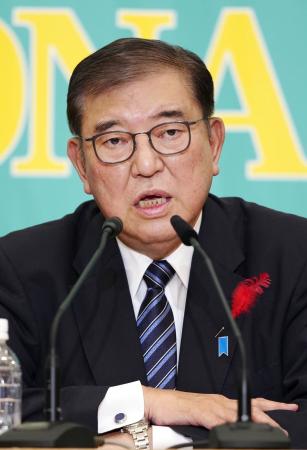 　衆院選公示を控えた討論会で発言する自民党総裁の石破首相＝１２日午後、東京・内幸町の日本記者クラブ