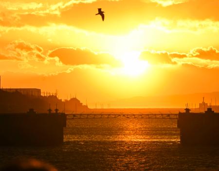 　港の出入り口から夕日が差し込み、水面が輝く「光の航路」＝１８日夕、福岡県大牟田市の三池港