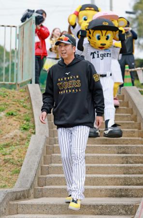 　プロ野球キャンプ初日、球場に向かう阪神・藤川監督＝１日、沖縄県宜野座村