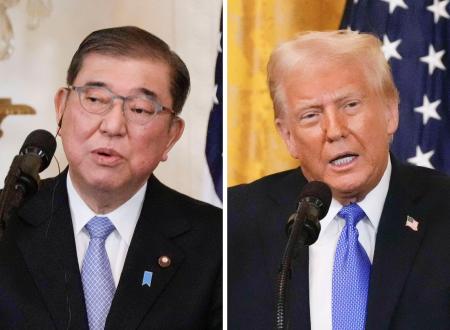 　首脳会談後の共同記者会見で、発言する石破首相（左）とトランプ米大統領＝７日、ワシントンのホワイトハウス（共同）