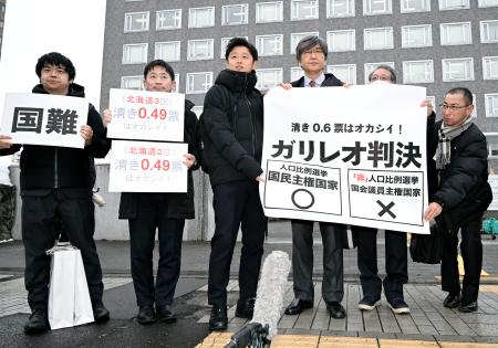 　衆院選の「１票の格差」訴訟の判決を受け、札幌高裁前で「ガリレオ判決」などと書かれた紙を掲げる原告側弁護士ら＝１２日午後