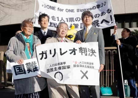 　衆院選の「１票の格差」訴訟の判決後、東京高裁前でメッセージを掲げる原告側の升永英俊弁護士（右から２人目）ら＝１３日午後