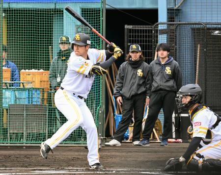 　シート打撃の打席に立つソフトバンク・柳町＝宮崎