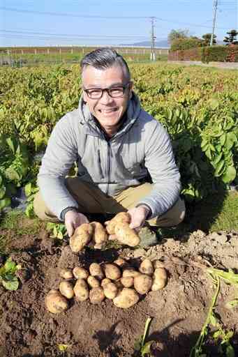ポテトチップス加工用のジャガイモを栽培している一瀬雄大さん＝１１日、玉名市