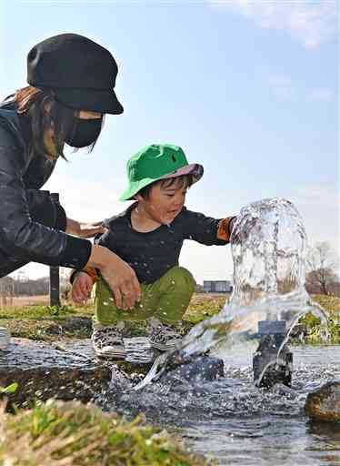 最高気温が２０度を超える季節外れの陽気の中、水遊びを楽しむ子ども＝２２日午後、熊本市東区の水前寺江津湖公園広木地区（池田祐介）