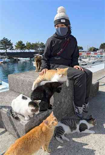 湯島の猫の世話をしている地域おこし協力隊の林愛子さん＝１９日、上天草市（小野宏明）