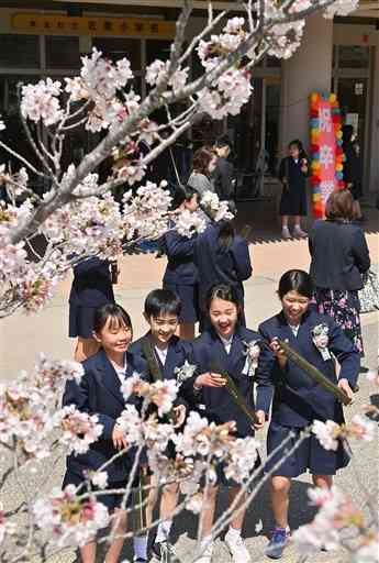 卒業式を終え、満開の桜の下で記念写真に納まる佐敷小の卒業生たち＝２３日午前、芦北町の同小（高見伸）