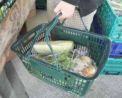 １週間分の野菜を５４８円で買った大石勇さんの買い物かご＝２４日、熊本市西区