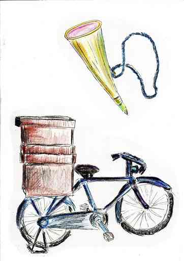 豆腐屋さんの自転車とラッパの自筆イメージ