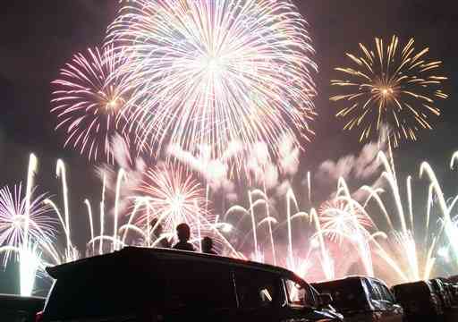 車の屋根から花火を楽しむ子どもたち＝熊本市西区