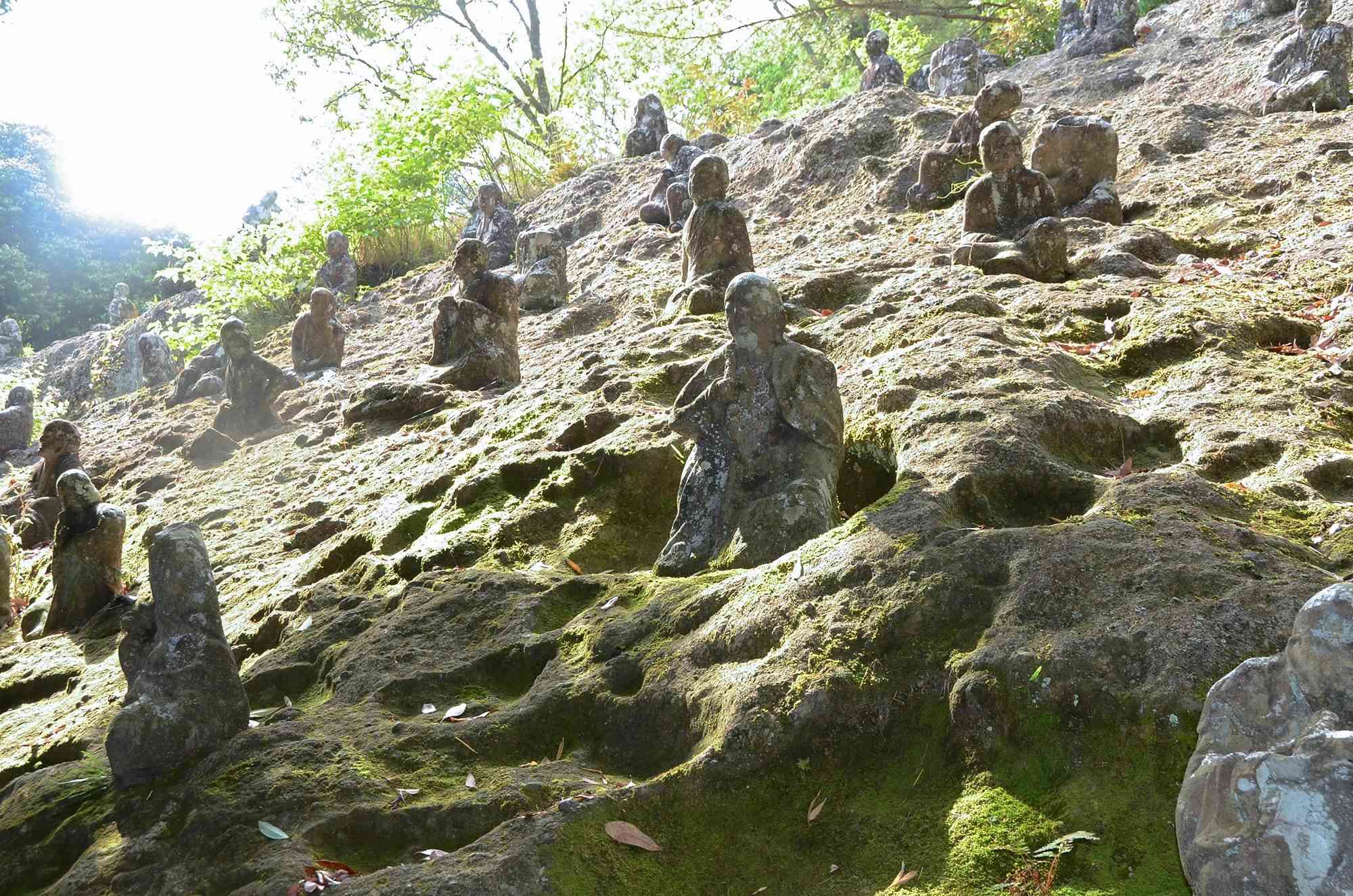 金峰山の火山噴出物「凝灰角礫岩」に安置された五百羅漢。「月のクレーターのようにくぼんでこけむした岩場と同化した石仏が美しい」と鵜殿暁子さん＝熊本市西区