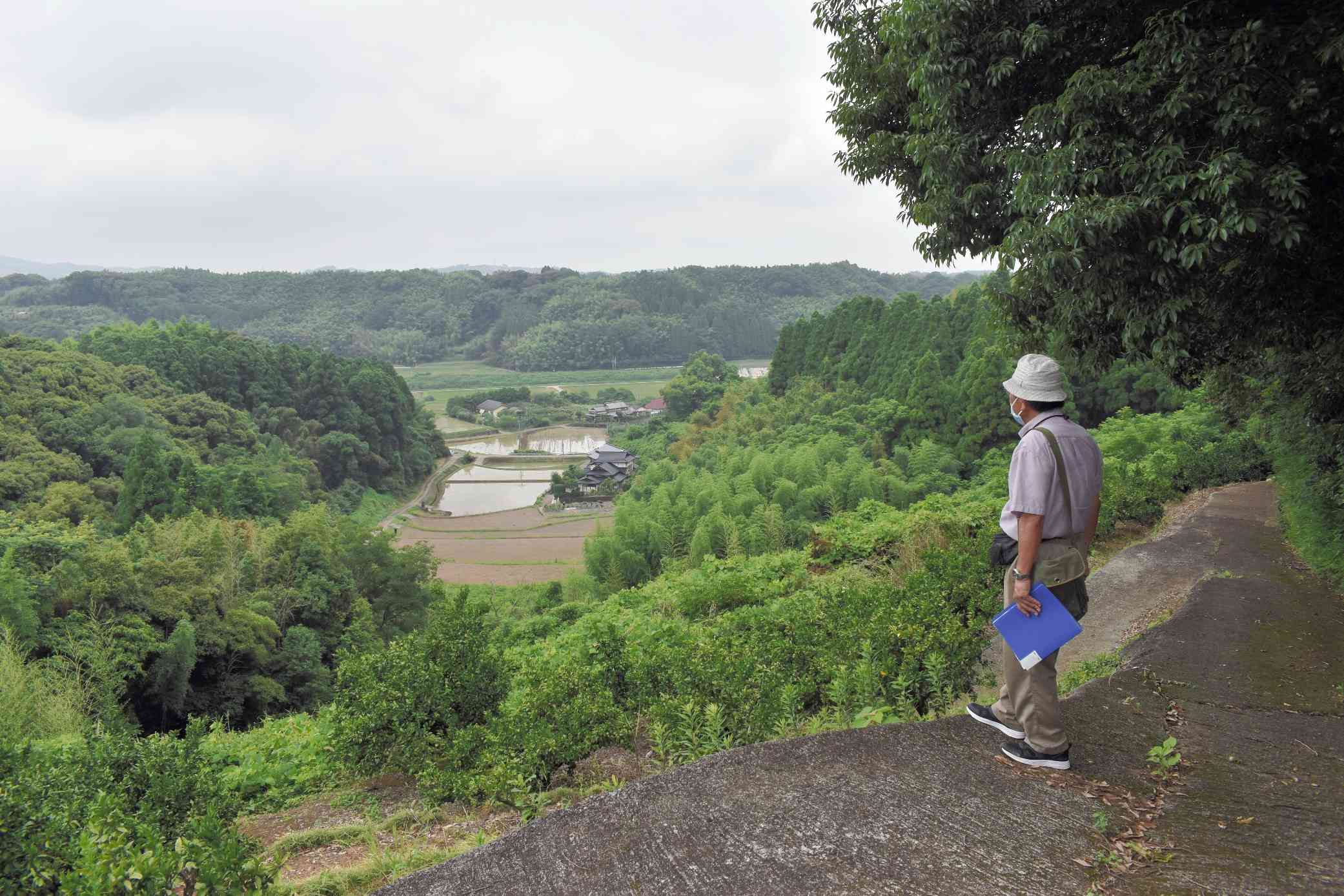 田原坂三の坂付近から西側を望む。ミカン畑の向こうに、官軍を苦しめた深い谷が広がっている