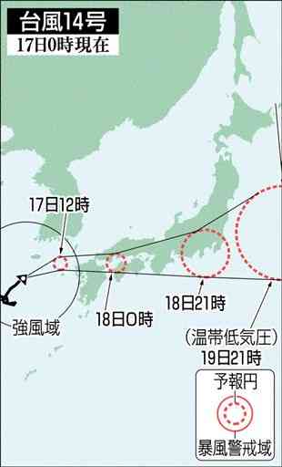 台風14号、熊本県内に17日最接近へ　大雨、暴風に警戒を　