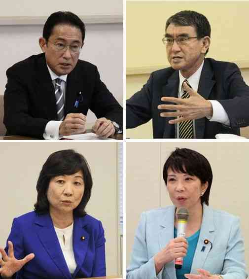 インタビューに答える河野太郎行政改革担当相（右上）、岸田文雄前政調会長（左上）、高市早苗前総務相（右下）、野田聖子幹事長代行＝東京・永田町