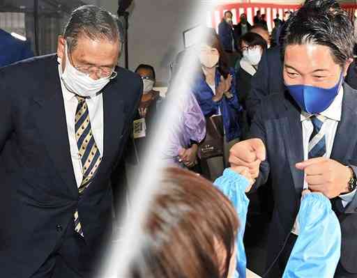 衆院選熊本２区で当落が判明した後の野田毅（左）と西野太亮のコラージュ