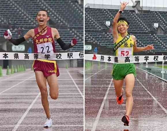 大会新記録で２連覇した九州学院のアンカー黒木陽向（写真左）、女子で４連覇を果たした千原台のアンカー西村美月＝６日、熊本市東区のえがお健康スタジアム（高見伸、後藤仁孝）