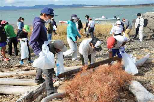 球磨川の河口で流木などを拾い集める金剛小と山田小、万江小の児童ら＝八代市