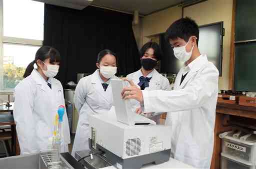 炭を使った水の浄化の研究に取り組む第二高化学部の生徒＝１３日、熊本市東区