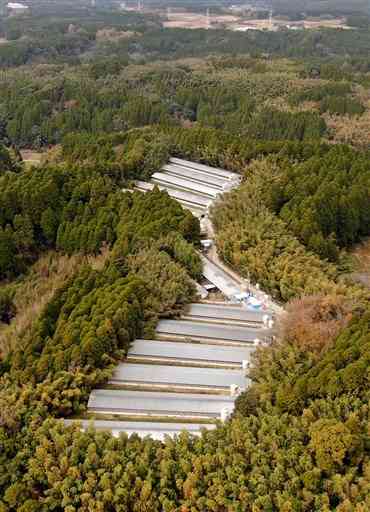 鳥インフルエンザが発生した養鶏場＝１２月３日、南関町（後藤仁孝、小型無人機で撮影）