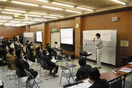 菊陽空港線の延伸に向けて県と菊陽町が開いた住民説明会＝１６日夜、同町