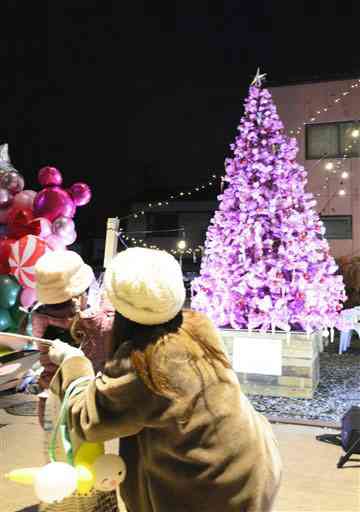 健軍商店街にお目見えした桜色のクリスマスツリー＝熊本市東区