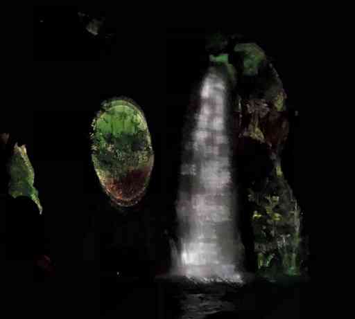 プロジェクションマッピングのプレ上映で白糸の滝の周囲に浮かぶ赤や緑色をしたシャボン玉＝西原村
