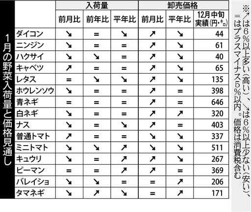 野菜の１月価格、上がる見通し　九州農政局