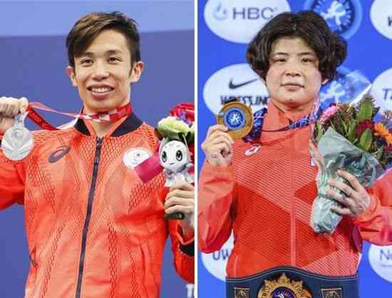 熊日スポーツ賞の特別賞に決まった競泳の富田宇宙（左）とレスリングの古市雅子