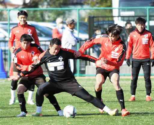 今季初練習で軽快な動きを見せるロアッソ熊本の選手たち＝県民総合運動公園サッカー場
