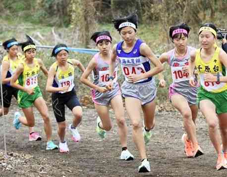 女子４キロで坂を駆け上がる先頭集団＝県農業公園