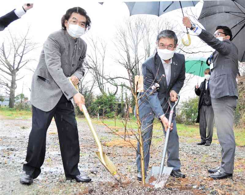 アーモンドの苗木を植樹する平成音大の出田敬三学長（左）と早川典宏さん（左から2人目）＝御船町の同大