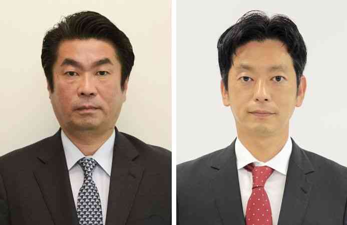 県議会議員の熊本市1区補欠選挙で当選した濱田大造氏（左）と堤泰之氏