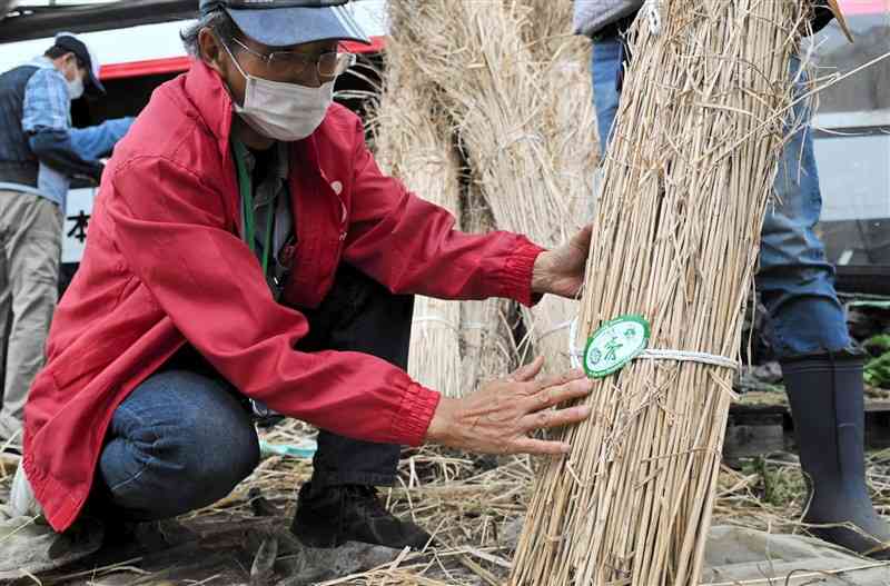 カヤ束にシールを貼る出荷担当者＝阿蘇市