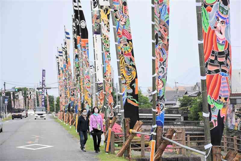 花しょうぶまつりを前に、高瀬裏川沿いに立てられた矢旗＝玉名市